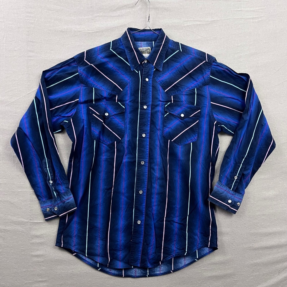 Express Rider Western Snap Shirt Mens M Blue Striped Cotton Long Sleeve‎ Yoke